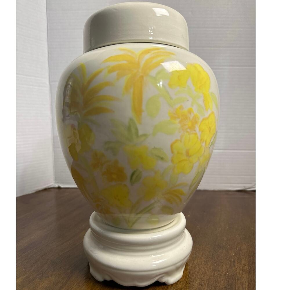 Porcelain Ginger Jar attached to porcelain base Yellow&gold Floral Design w/lid
